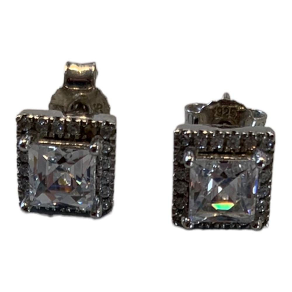 Tycoon Sterling Silver 925 Square Halo Cubic Zirconia CZ Studs Earrings Pierced